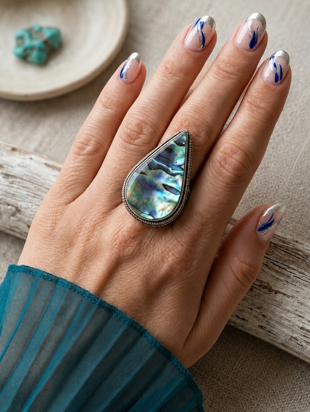 925 Sterling Silver Genuine Abalone Shell Teardrop Statement Ring Size 7.75